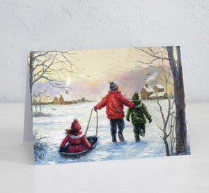 Boxed Assortment of 15 cards: Three Children Sledding by Vickie Wade