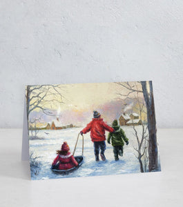 Boxed Assortment of 15 cards: Three Children Sledding by Vickie Wade